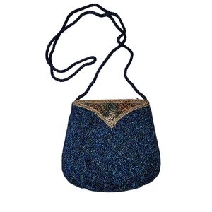 Vintage Beaded Mini Clutch Braided Strap Blue Purple Gold Colors